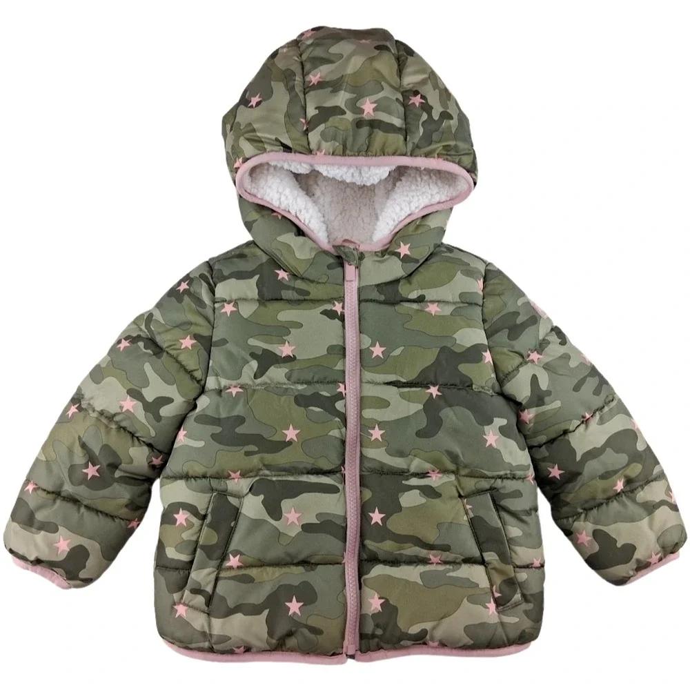 Gap Toddler 3T Puffer Jacket Sherpa Lining Camouflage Pink Star Camo Hooded